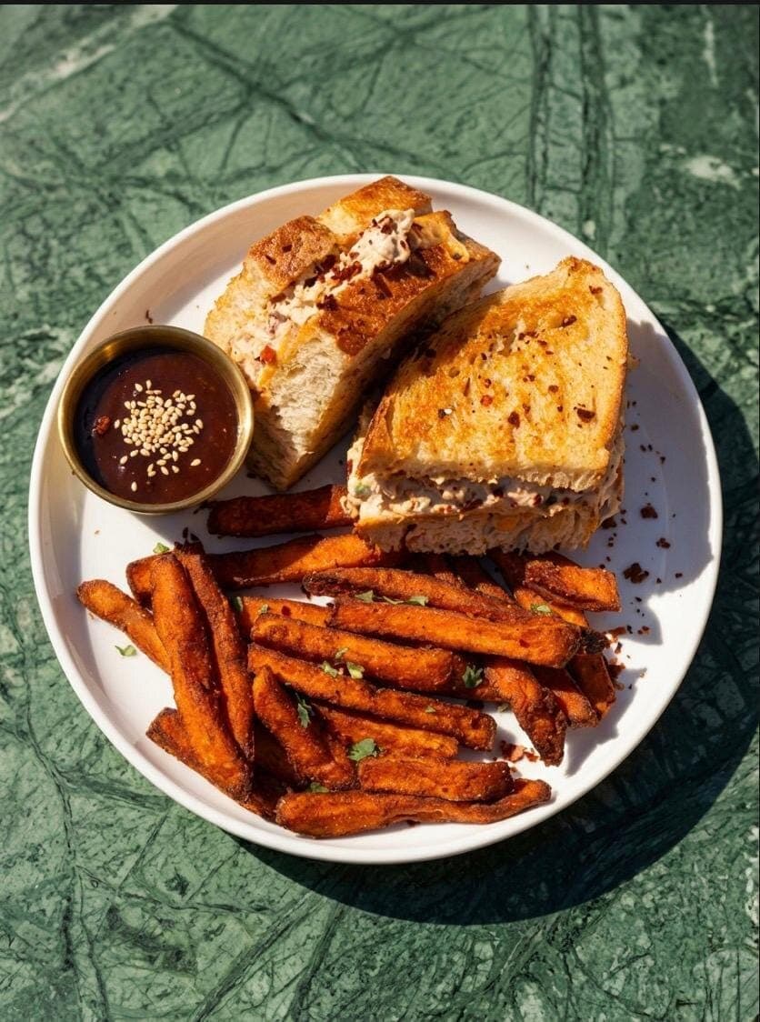 Tuna Grilled — pain toasté, cœur de cheddar, crème de thon maison et frites de patate douce