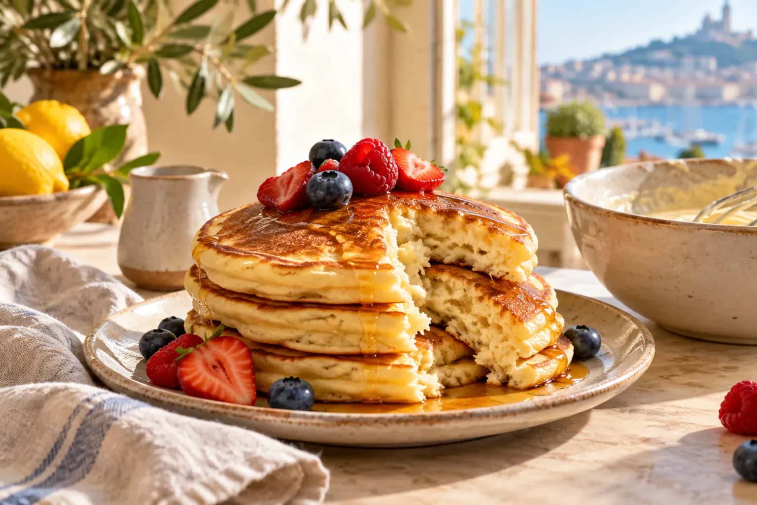 Assiette de pancakes moelleux garnis de fruits frais, servie avec un jus d'orange
